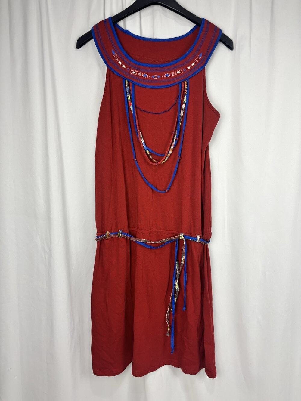 Coline Women's Dress Red Artsy Cotton Sleeveless Boho W/ Necklace & Belt Size S